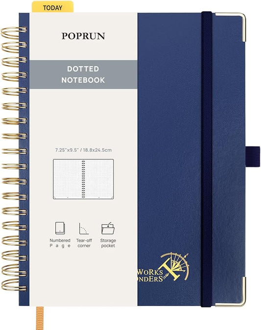 POPRUN Spiral Bullet Dotted Journal Notebook, 7-1/4" x 9-1/2" - 120 GSM Thick Paper, 220 Numbered Pages, Hardcover for Men & Women with Pocket, Index Tabs, 8 Perforated Sheets, Navy Blue