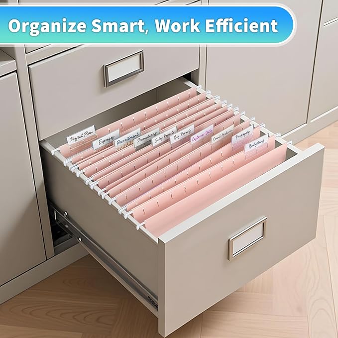 25-Pack Pink Hanging File Folders, Letter Size with 1/5-Cut Tabs, 35 Transparent Label Cards & 50 Sticker Labelsfor Home & Office Organization