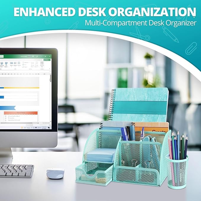 Flexzion Desk Caddy Organizer Set (Green) - Metal Mesh Desktop Caddy with Drawers, 6 Compartments, and Pencil Holder for Women & Men - Desktop Organizer and Storage for Work or Office Supplies