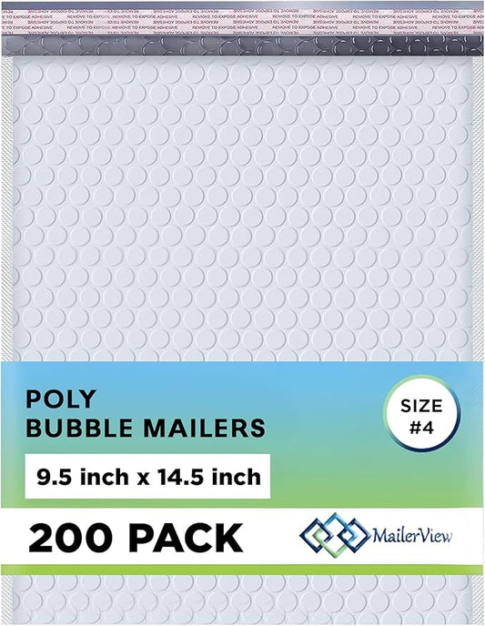 White Large Poly Bubble Mailers 9.5x14.5 inch #4 | Self Seal Padded Envelopes Cushioned Bubble Mailer | Usable Size 9.5x13.5 | WaterProof | Lightweight mailing Shipping Bags | 200 Pack Bulk | USA Made