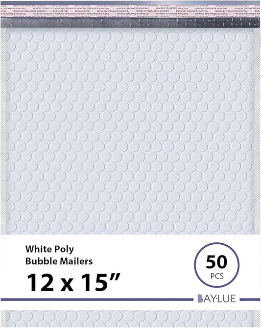 White Large Poly Bubble Mailers 12x15 inch | Self Seal Padded Envelopes Cushioned Bubble Mailer | Usable Size 12x15 | WaterProof | Lightweight mailing Shipping Bags | 50 Pack Bulk | USA Made
