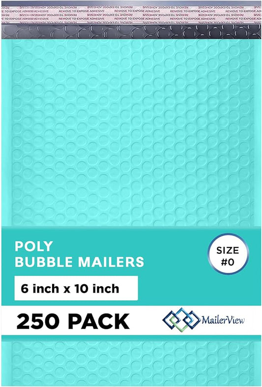 Teal Small Poly Bubble Mailers 6x10 inch #0 | Self Seal Padded Envelopes | Cushioned Bubble Mailer | Usable Size 6x9 | WaterProof | Lightweight mailing Shipping Bags | 250 Pack Bulk