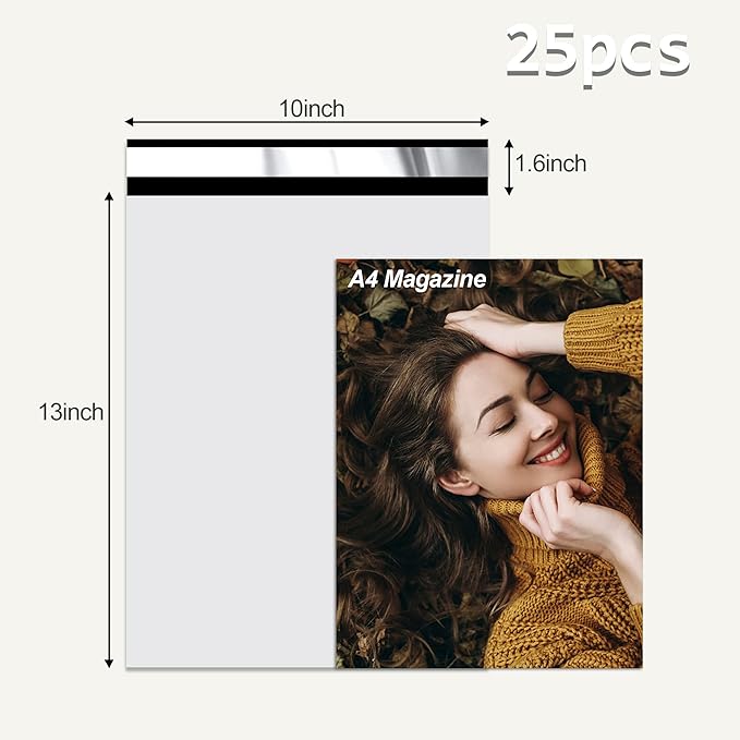 White Poly Mailers 10x13 Inch 25 Pcs, Strong Adhesive Shipping Bags for Clothing, Self-Sealing and Waterproof Mailing Envelopes, Privacy Protected Mailer Bags for Small Business