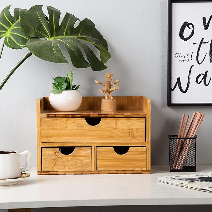 Rustic Distressed white 3-Tier Bamboo Desk Organizer with 3 Drawers Mini Storage Shelf For Desk, Toiletries Vanity Office Supplies (bamboo)