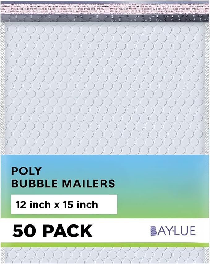 White Large Poly Bubble Mailers 12x15 inch | Self Seal Padded Envelopes Cushioned Bubble Mailer | Usable Size 12x15 | WaterProof | Lightweight mailing Shipping Bags | 50 Pack Bulk | USA Made