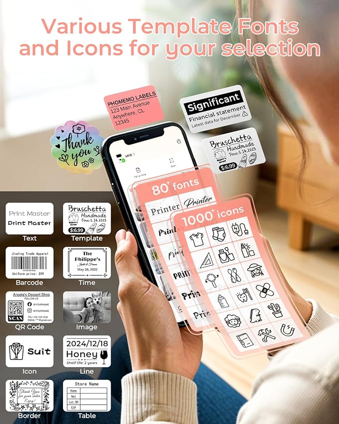 Phomemo M110 Label Maker Machine- with 3 Label Bluetooth Label Maker for for Business Labeling, Barcode, Office, Cable, Retail, with Fonts Choose, Icons, Templates, Pink