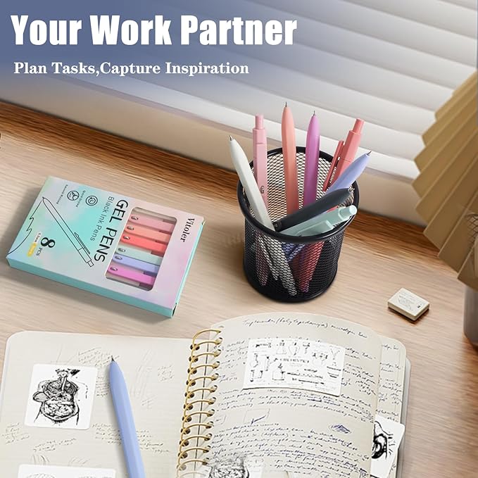 Vitoler Gel Pens,8pcs 0.5mm Pens,Fine Point Black Ink Pen,Smooth Writing Retractable Pen for Teacher Suppliesd,Cute Office Supplies for Women