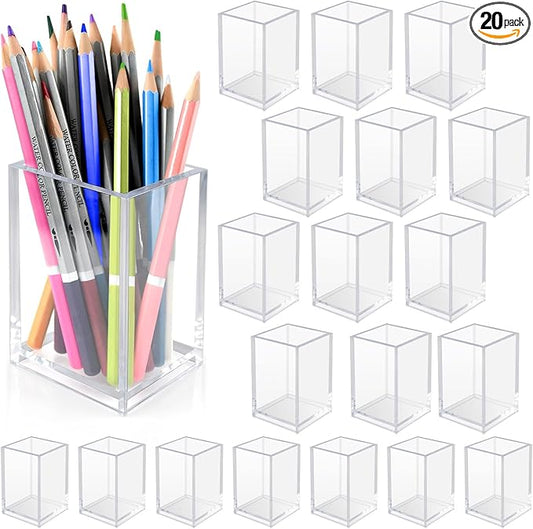 20 Pack Clear Acrylic Pen Holder for Desk, Pencil Cup Makeup Brush Organizer, Square Acrylic Pencil Holders for Office School Home Supplies, Desktop Stationery Organizer for Pens Markers Brushes