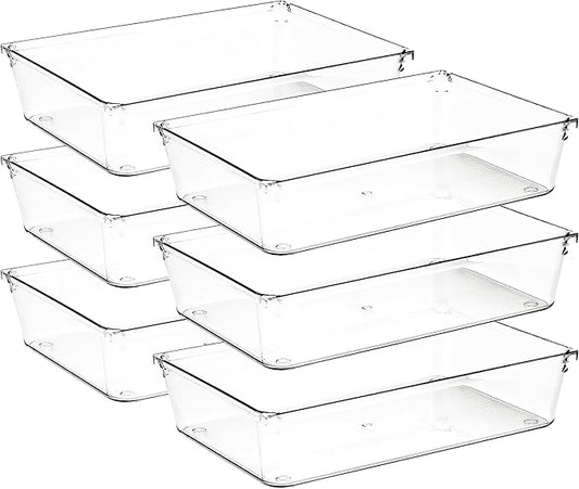 6 Pack Drawer Organizer - 6" X 9" Clear Acrylic Storage Bins with Non-Slip Pads, Versatile Desk Tray for Makeup, Jewelry, Kitchen, Bathroom, and Office Organization
