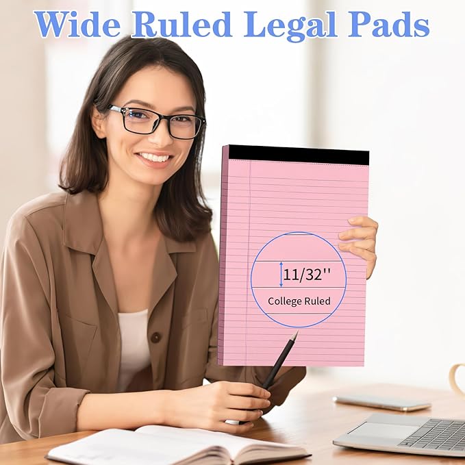 WINKIO Colored Legal Pads, 3 Pack Writing Pads 8.5 x 11 inch, Micro Perforated Notebooks with Sturdy Back, Wide Ruled, 30 Sheets Per Writing Pad for School, College, Office, Professional (Pink)