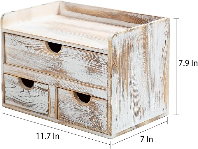 Rustic Distressed white 3-Tier Wood Desk Organizer with 3 Drawers Mini Storage Shelf For Desk, Toiletries Vanity Office Supplies (Vintage white)