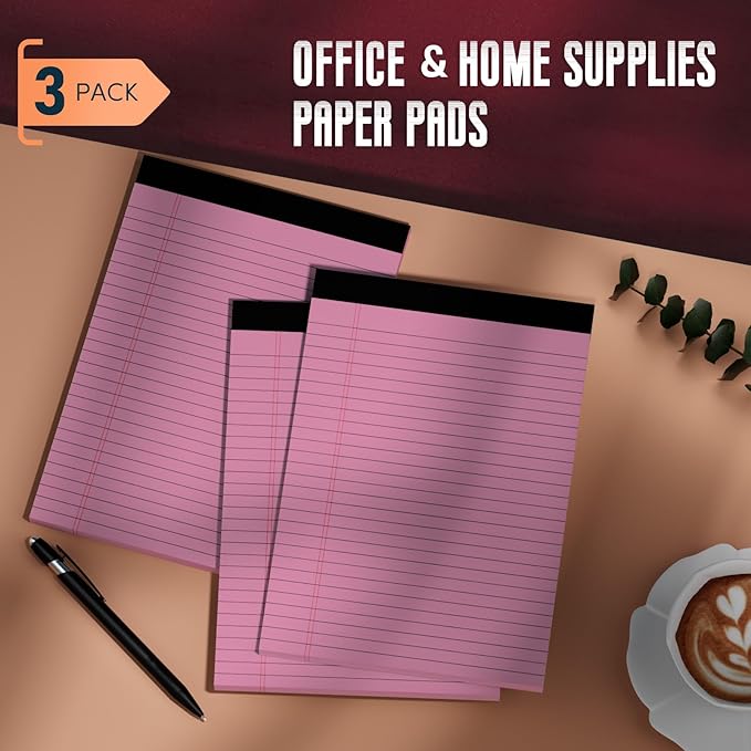 Pink Legal Pads 8.5 x 11 Wide Ruled Notepads, 3 Pack Note Pads 8.5 x 11 Lined Paper Pink Writing Pads 30 Sheets per Notepad Double-Side Printed Colored Legal Pads 8.5 x 11 for Home, Office, School