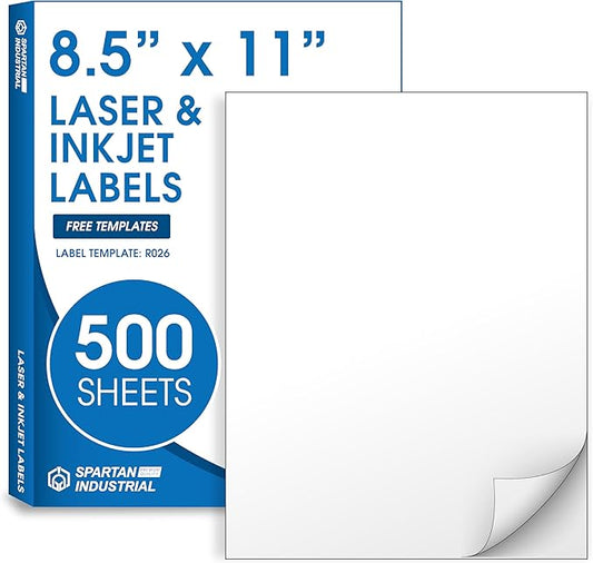 8.5" X 11" Full-Sheet Printable Labels for Inkjet and Laser Printers - 500 Sheets, 500 Custom Stickers for Shipping Labels, Mailing, Personalized Stickers for Crafts - Spartan Industrial Template R026
