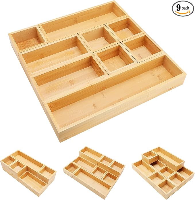 Bamboo Drawer Organizer Set, 9 PCS Multi-Use Individual Wood Storage Organizers, Junk Drawer Divider and Storage Trays Containers for Kitchen, Bathroom, Office Desk, Makeup, Jewelry, Utensils