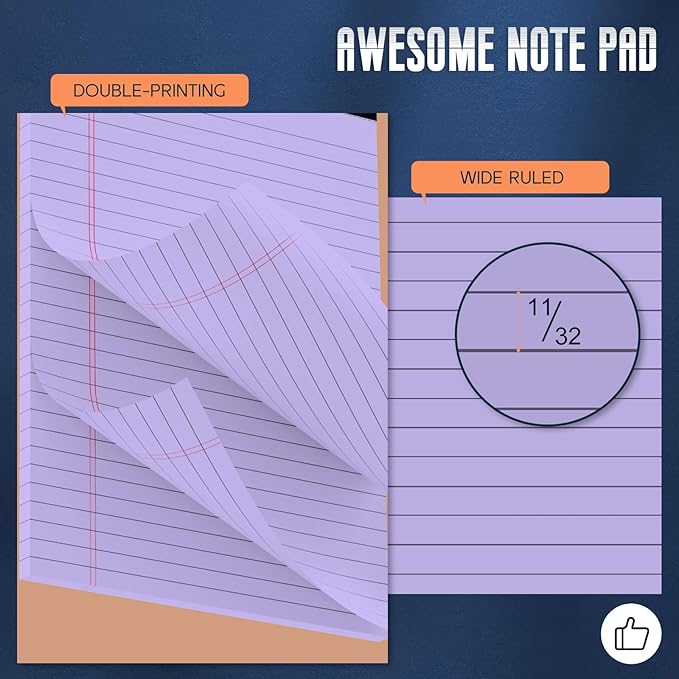 Purple Legal Pad 8.5 x 11 Wide Ruled Note Pads, 3 Pack Notepads 8.5 x 11 Lined Paper Wide Ruled Writing Pad, 30 Sheets Per Note Pad, Micro Perforated Colored Legal Pads 8.5 x 11 for Work/School/Office