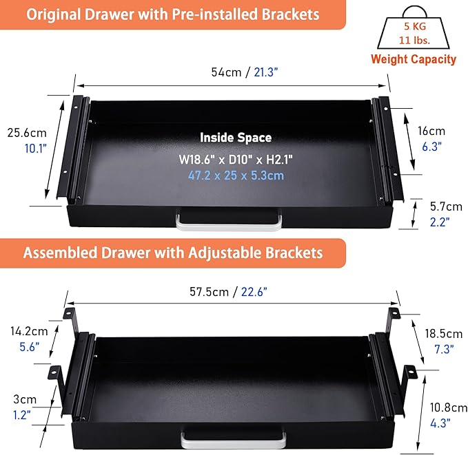Under Desk Drawer Organizer 21" Black Upgraded with Adjustable Brackets, Sliding Pull-Out Under Table Pencil Drawer, Office Standing Desk Attachment for Workbench