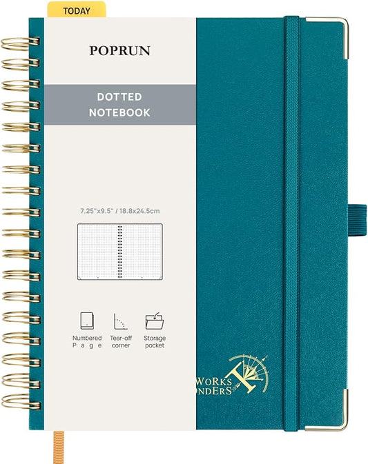 POPRUN Spiral Bullet Dotted Journal Notebook, 7-1/4" x 9-1/2" - 120 GSM Thick Paper, 220 Numbered Pages, Hardcover for Men & Women with Pocket, Index Tabs, 8 Perforated Sheets, Pacific Green