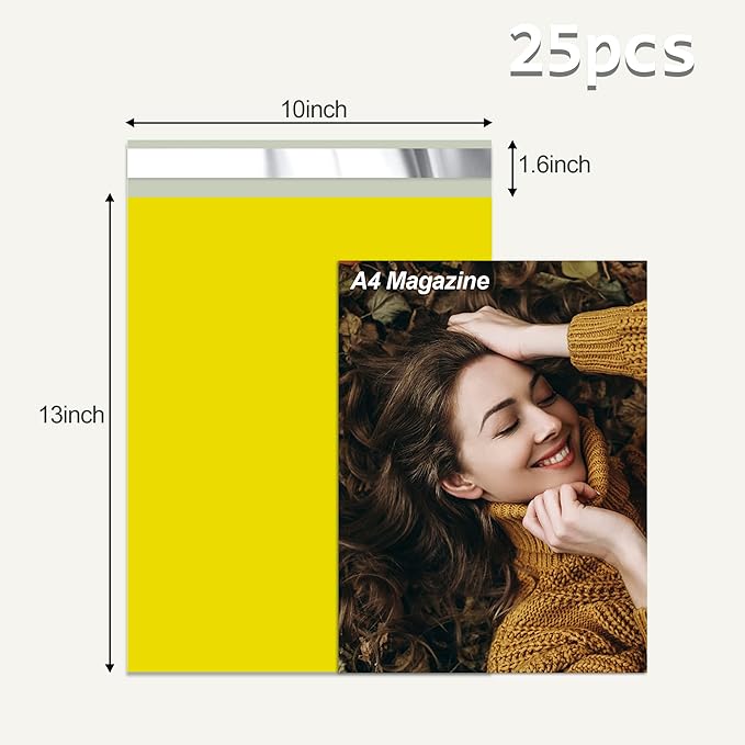 Yellow Poly Mailers 10x13 Inch 25 Pcs, Strong Adhesive Shipping Bags for Clothing, Self-Sealing and Waterproof Mailing Envelopes, Privacy Protected Mailer Bags for Small Business