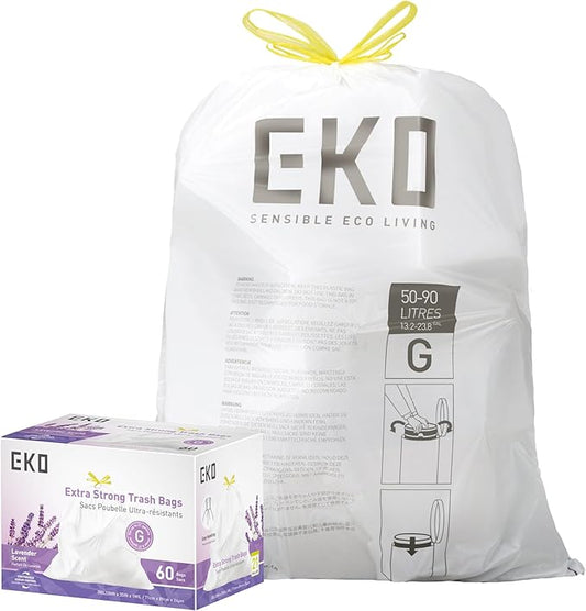 EKO 21 Gallon / 50-90 Liter, 60 Count Drawstring Trash Bags, Extra-Strong Garbage Bags, Lavender Scent with Continuous Odor Control, Easy-Dispense Roll for Kitchen and Household Use, Code G, White