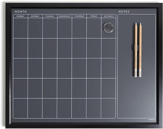 U Brands Magnetic Chalk Calendar Board, 16" x 20", Black Wood Style Frame, Premium Surface, Includes Chalk Pencils, Magnet