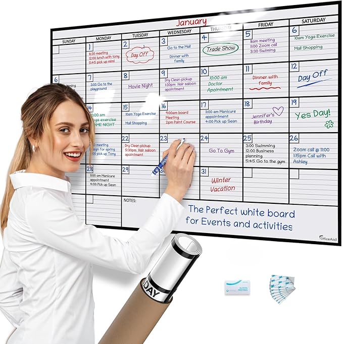Large Dry Erase Calendar for Wall, 24x36, Large Wall Calendar Dry Erase, Big White Board for Office, Home & School, Giant Erasable Whiteboard, Jumbo Monthly Undated Reusable White Board Planner