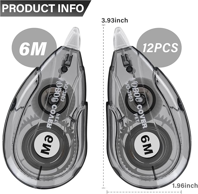 White Correction Tape Dispenser, Easy To Use Applicator for Instant Corrections, For school, Office (Black, 12pack, 6M/256, Tape Width 0.2in)