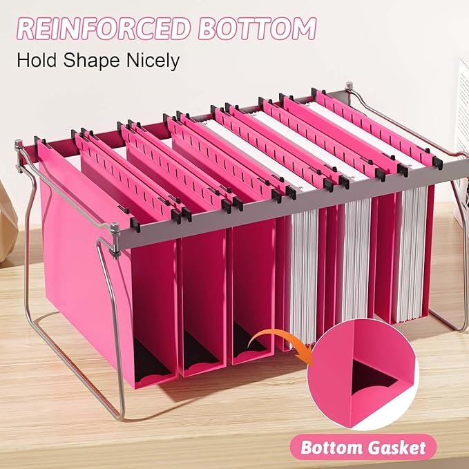 Extra Capacity Plastic Hanging File Folder Letter Size,12 Pack Reinforced Hang Folders with Heavy Duty 2 Inch Expansion,Pink Hanging File Folder Designed for Bulky Files