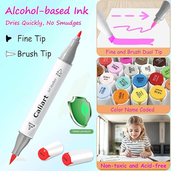 Caliart Art Markers, 41 Colors Alcohol Marker Pen Set Dual Tip Brush & Fine Permanent for Coloring Drawing Highlighters Anime Illustration Card Making Underlining Christmas Gifts