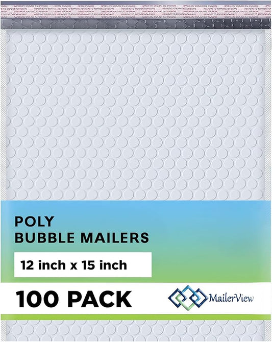 White Large Poly Bubble Mailers 12x15 inch | Self Seal Padded Envelopes Cushioned Bubble Mailer | Usable Size 12x15 | WaterProof | Lightweight mailing Shipping Bags | 100 Pack Bulk | USA Made