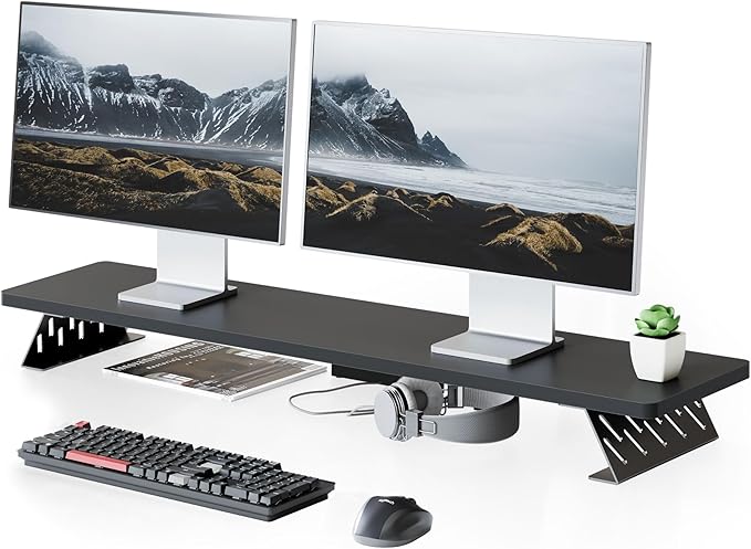 Fenge Dual Monitor Stand Riser, 42.5 Inch Desk Top Shelf for 2 Monitors, Computer Stands for Desk, Wood & Steel Desktop Riser for Laptop, PC, Printer