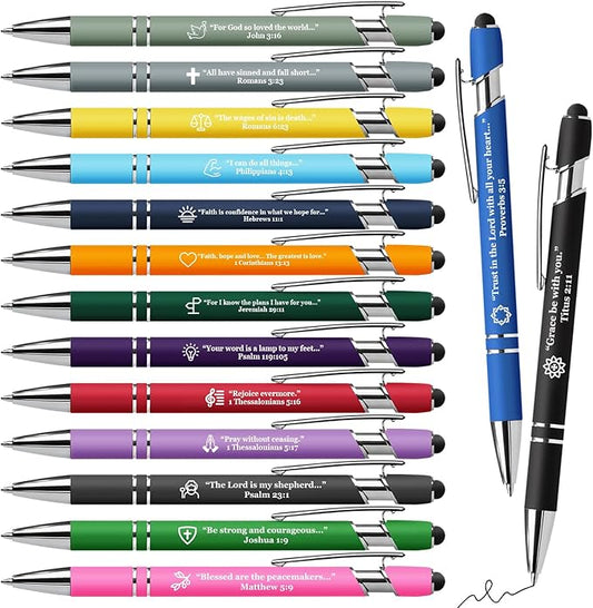15 Pack Bible Verse Pens, Christian Inspirational Retractable Ballpoint Pens with Religious Scripture Quotes & Symbols, Smooth Writing Black Pens for Church, Gifts for Christians, Multicolor