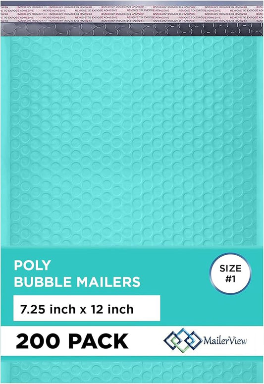 Teal Poly Bubble Mailers 7.25x12 inch #1 | Self Seal Padded Envelopes | Cushioned Bubble Mailer | Usable Size 7.25x11 | WaterProof | Lightweight mailing Shipping Bags | 200 Pack Bulk