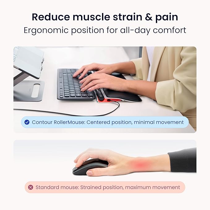 Contour RollerMouse Red Ergonomic Mouse for Shoulder Forearm Wrist Strain Relief for RSI Carpal Tunnel Centered Rollerbar 6 Customizable Buttons 10 Speed Settings Mac/PC Compatible - Wired - Plus