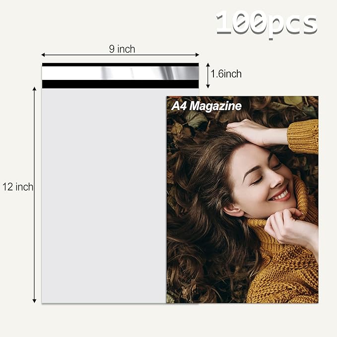 White Poly Mailers 9x12 Inch 100 Pcs, Strong Adhesive Shipping Bags for Clothing, Self-Sealing and Waterproof Mailing Envelopes, Privacy Protected Mailer Bags for Small Business