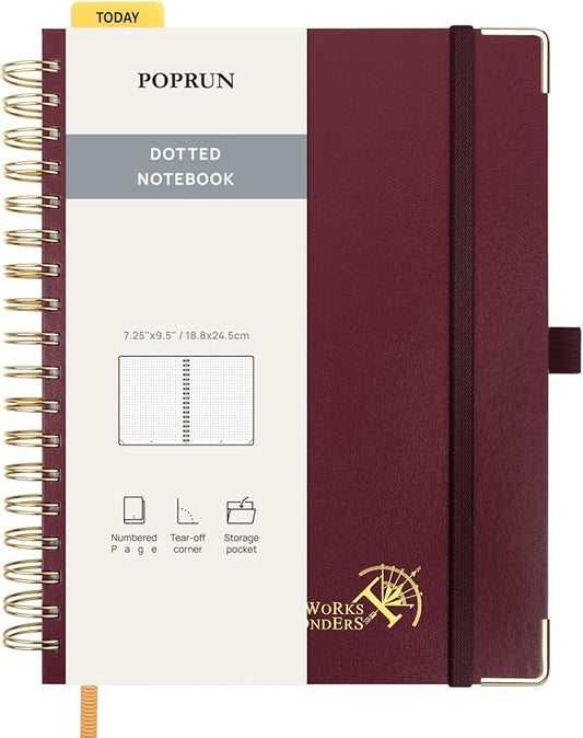 POPRUN Spiral Bullet Dotted Journal Notebook, 7-1/4" x 9-1/2" - 120 GSM Thick Paper, 220 Numbered Pages, Hardcover for Men & Women with Pocket, Index Tabs, 8 Perforated Sheets, Burgundy