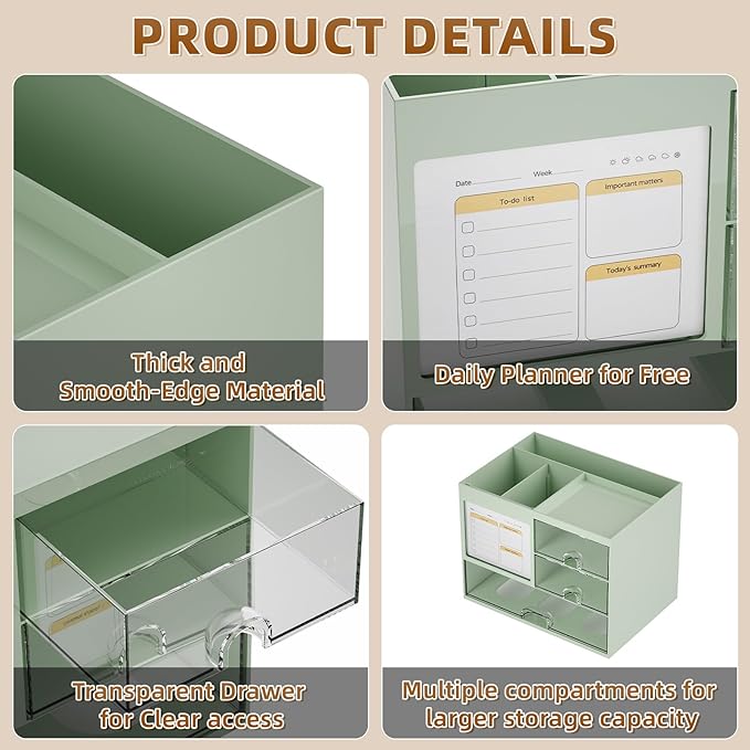 Marbrasse Desk Organizer with 3 Drawer, Multi-Functional Pencil Pen Holder for Desk, Desk Organizers and Accessories with 4 Compartments, Desktop Organizer Storage for Office Home Supplies (Green)