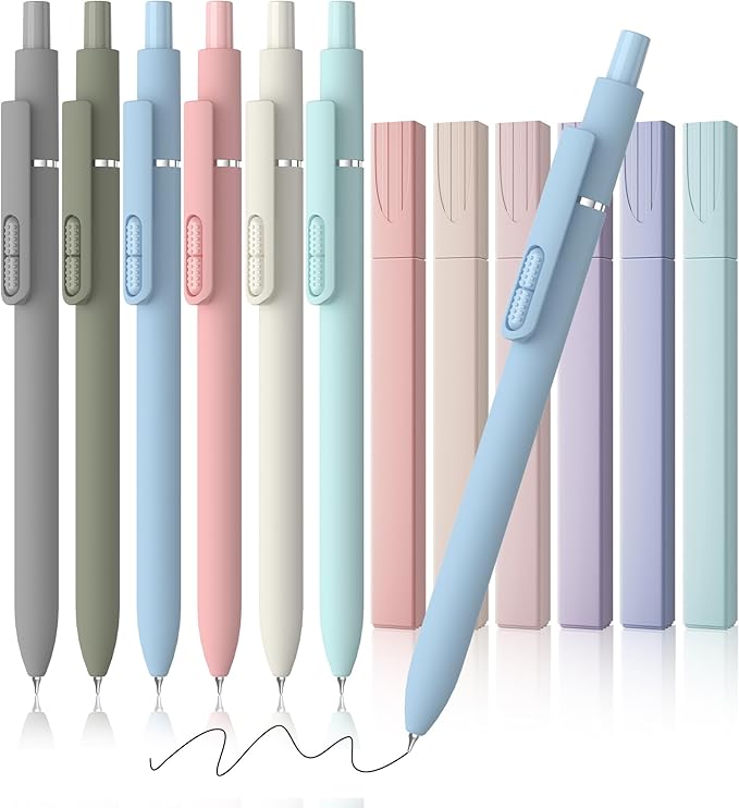 JIMMIDDA- 12 Pack Gel Pens, 0.7mm Black Ink Fine Point Smooth Writing with Aesthetic Highlighters, Quick-dry Long-lasting Pens Set for Journaling School Office Supplies(6 Pens + 6 Highlighters)