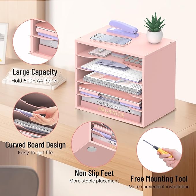 5-Tier Wood Desk Organizer, Paper Tray Organizer for Desk with Adjustable Storage Shelves, Desktop File Organization Paper Sorter Mail Holder for Office Home Classroom, Pink
