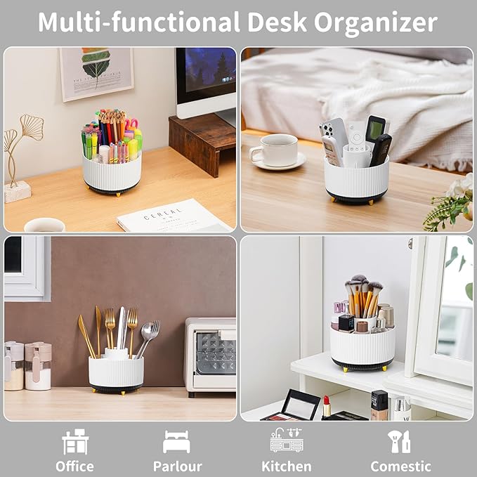 Marbrasse Desk Organizer, 360-Degree Rotating Pen Holder, Desk Organizers and Accessories with 5 Compartments Pencil Holder, Art Supply Storage Box Caddy for Office, Home (White+Black)