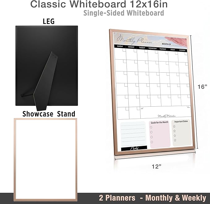 Small Whiteboard 12 x 16 Inch Magnetic Dry Erase Board with Stand & Wall Mount | Gold Aluminum Frame | Planner Board with Weekly & Monthly Sheets | 3 Markers, Eraser & 2 Magnets