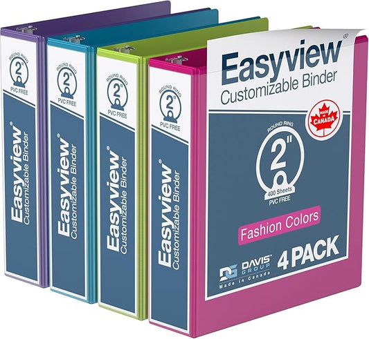 Easyview Premium 2-Inch Binders with Clear-View Covers, 3-Ring Binders for School, Office, or Home, Colored Binder Notebooks, Pack of 4, Round Ring, Fashion Colors
