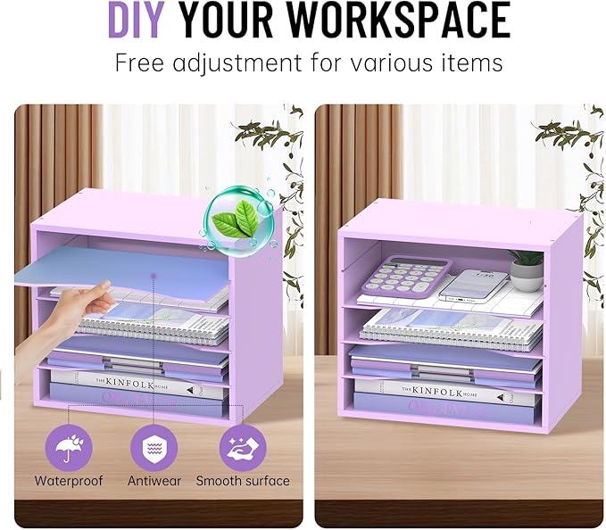 5-Tier Wood Desk Organizer, Paper Tray Organizer for Desk with Adjustable Storage Shelves, Desktop File Organization Paper Sorter Mail Holder for Office Home Classroom, Purple