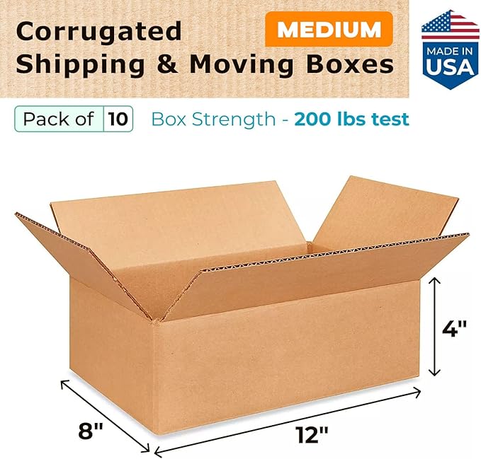 Medium Moving & Shipping Boxes 12x8x4 inches (10-Pack) - Extra Strength 200 lb vs Regular - Corrugated Strong Packing Boxes - Packing Box for Moving Medium - Box for Shipping by IDL Packaging