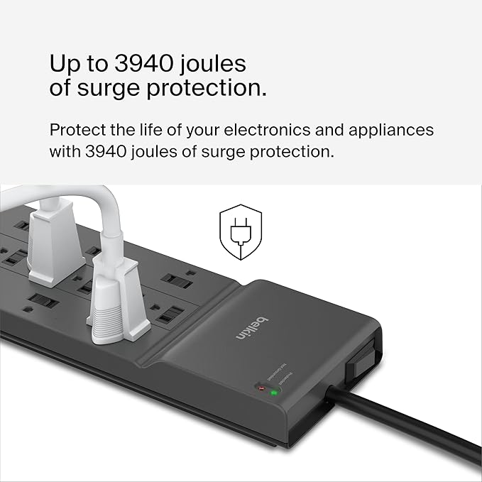 Belkin 12-Outlet Surge Protector Power Strip w/ 12 AC Outlets & 8ft Flat Plug, UL-Listed Heavy-Duty Extension Cord for Home, Office, Travel, Computer, Laptop, Charger - 3,940 Joules, Pack of 3