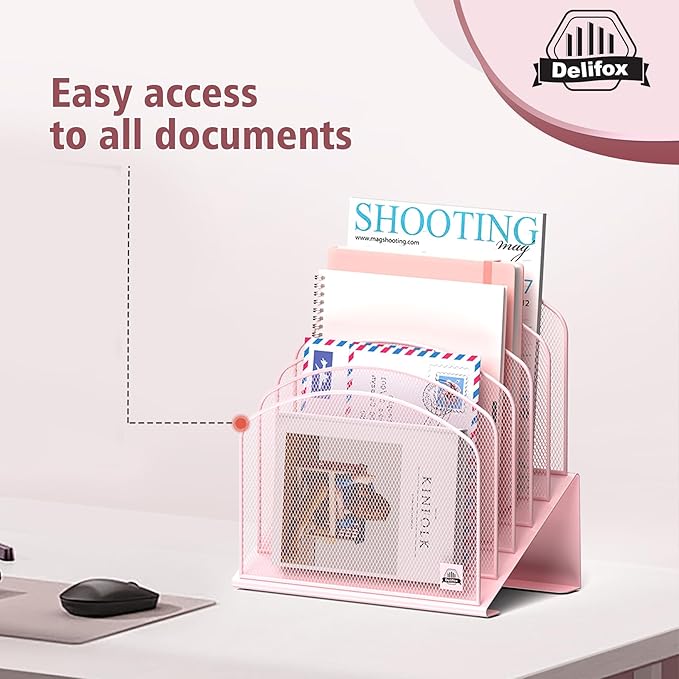 Inclined Desk File Organizer, 5-Section Vertical File Folder Holder Stand Metal Rack File Sorter for Office Classroom Desktop Organization (Pink, 2Pack)