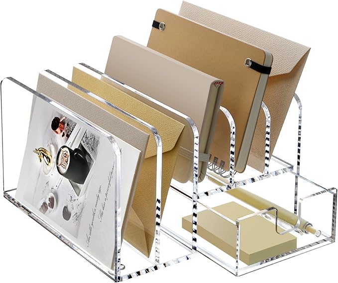SANRUI Desk Organizers and Accessories, Acrylic Mail Organizer Countertop, 5-Slots File Sorter with Drawer, Desktop Organizer for Office Supplies