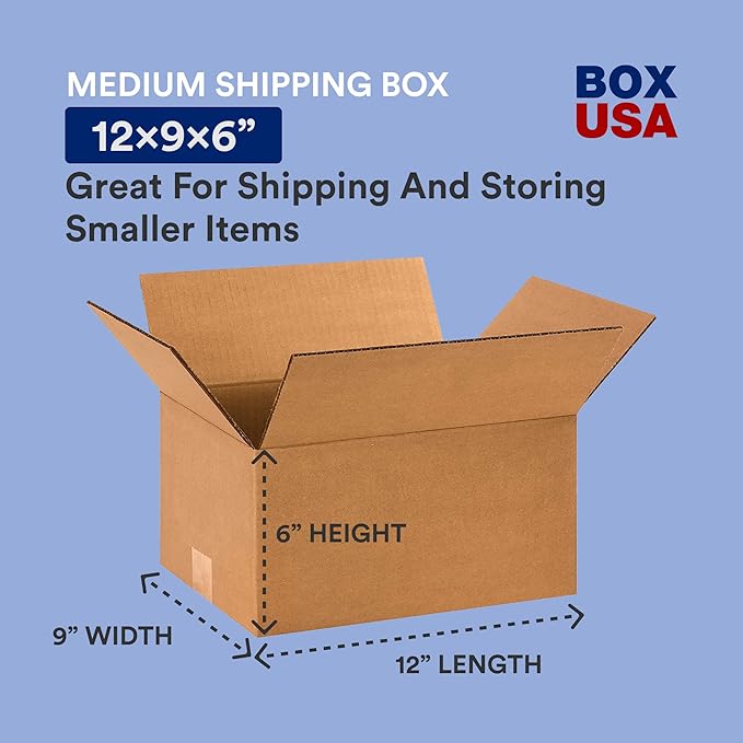BOX USA Shipping Boxes Small 12"L x 9"W x 6"H, 100-Pack | Corrugated Cardboard Box for Packing, Moving and Storage