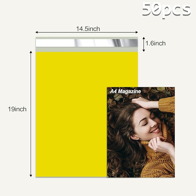 Yellow Poly Mailers 14.5x19 Inch 50 Pcs, Strong Adhesive Shipping Bags for Clothing, Self-Sealing and Waterproof Mailing Envelopes, Privacy Protected Mailer Bags for Small Business