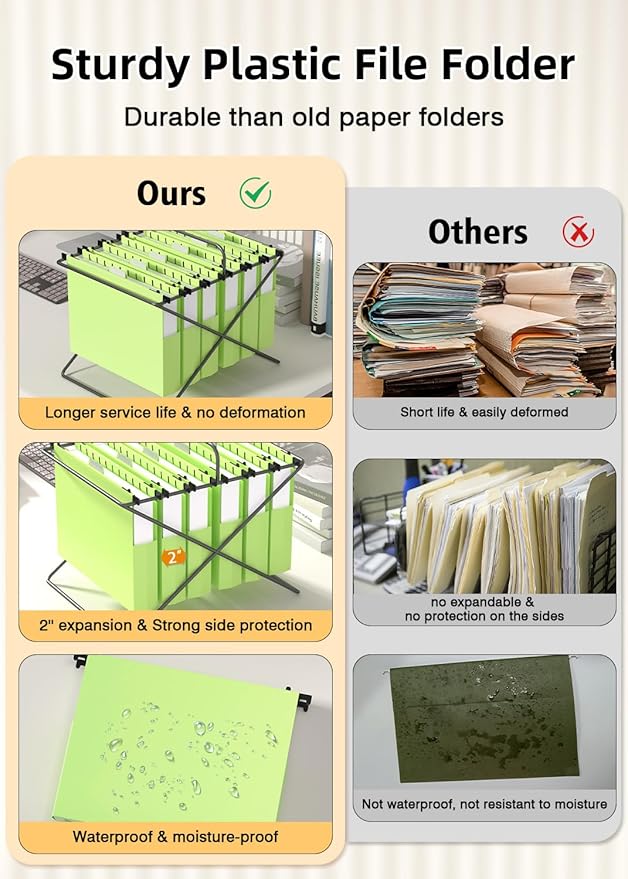 Extra Capacity Plastic Hanging File Folders,12 Pack Reinforced Hang Folder,Heavy Duty 2'' Expansion,Filing Cabinet Folders Letter Size with tabs for Bulk Files/Medical Charts(Mustard Green)