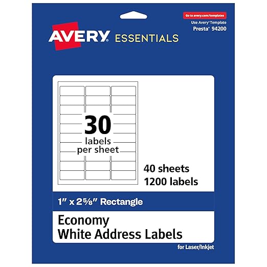 Avery Matte White Rectangle Labels, 1" x 2-5/8" Labels, 1,200 Total, Laser/Inket Printable, Great for Addressing, Product Merchandising, Food & Beverage, and More